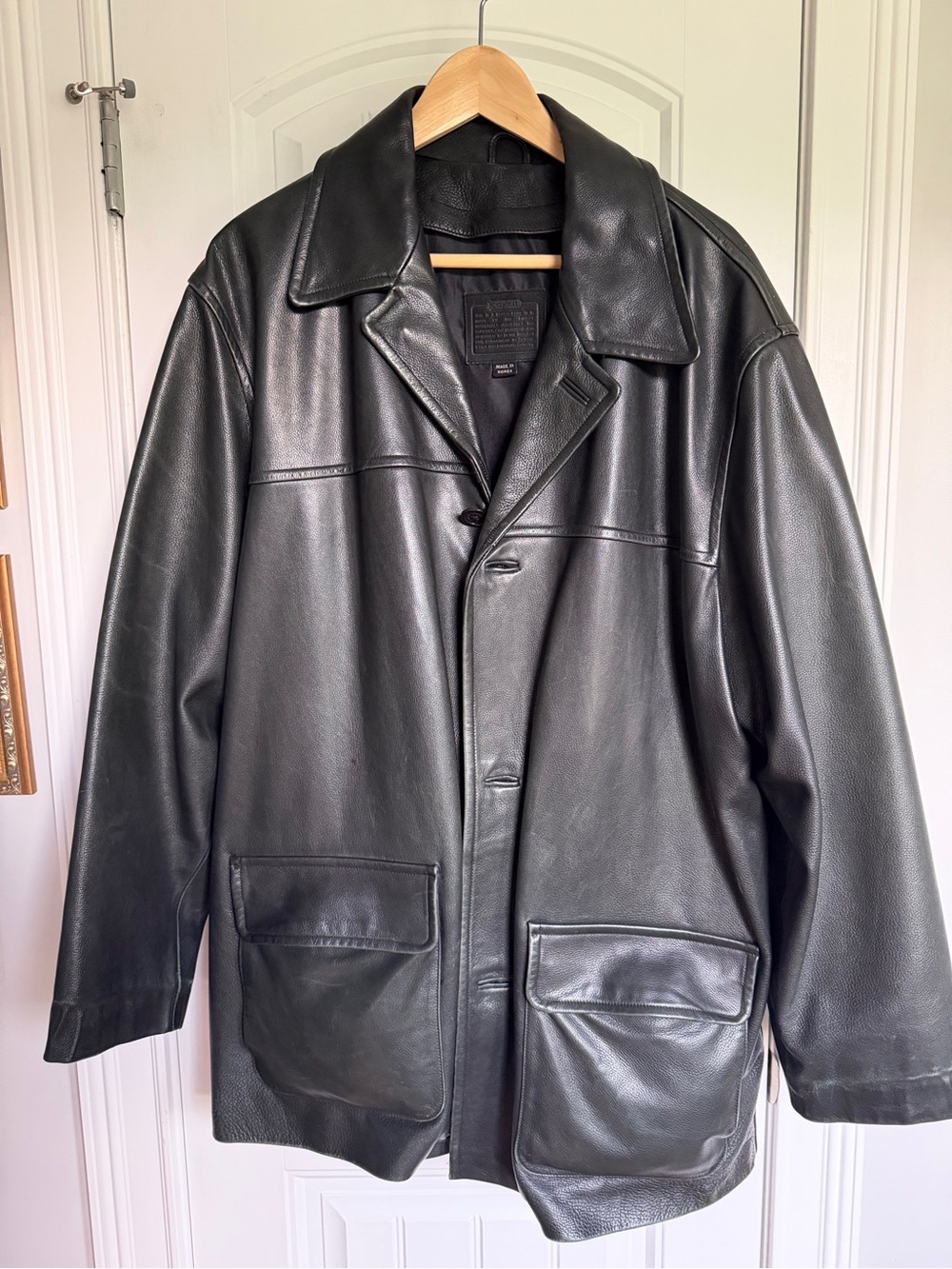 Coach Black Leather Pea Coat - Button-Front
